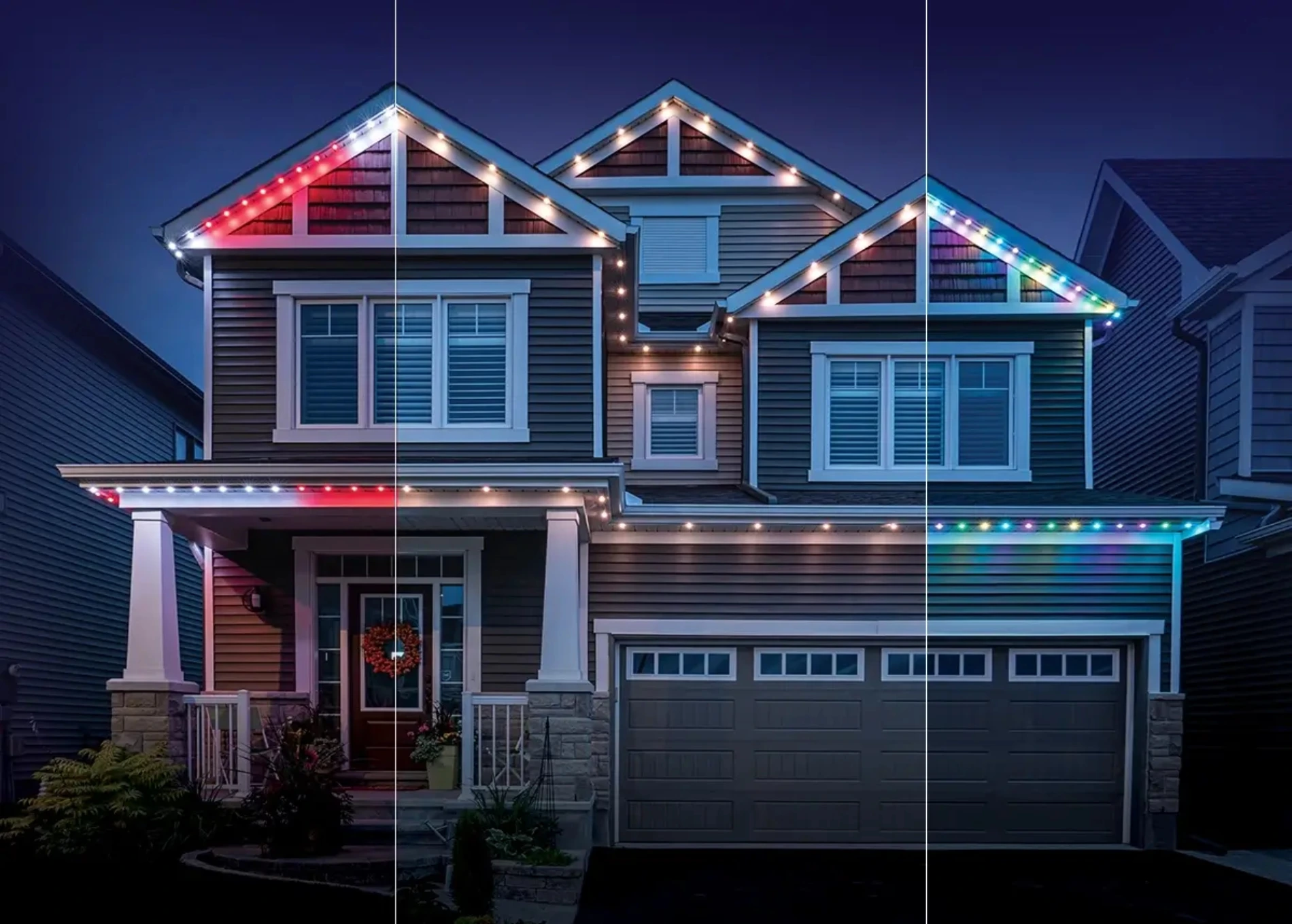 a home split in three showing permanent holiday lighting with 3 different programmable lighting presets